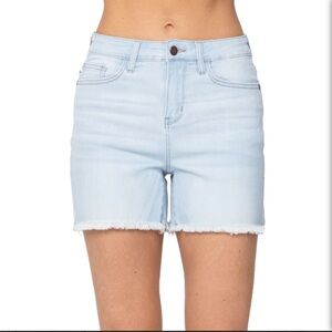 NEW Judy Blue Bleach Light Blue Denim Cut Off Frayed Hem High Waist Shorts Large
